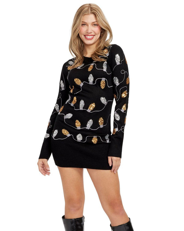 Women's Christmas Light Strand Sequin Sweater Dress