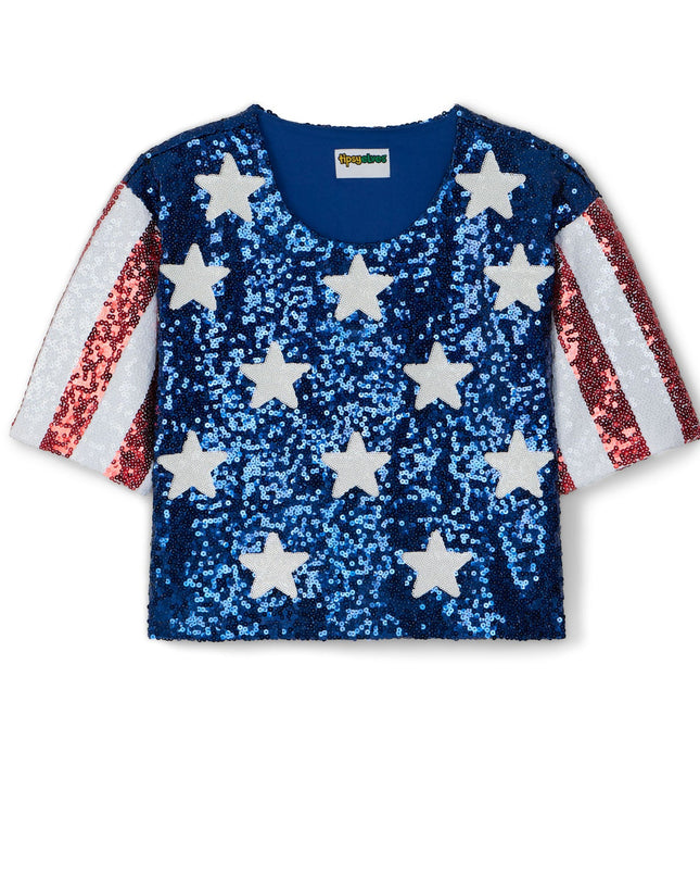 Women's Sequined Stars and Stripes Cropped Tee