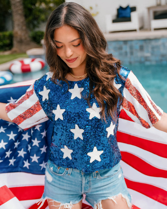 Women's Sequined Stars and Stripes Cropped Tee