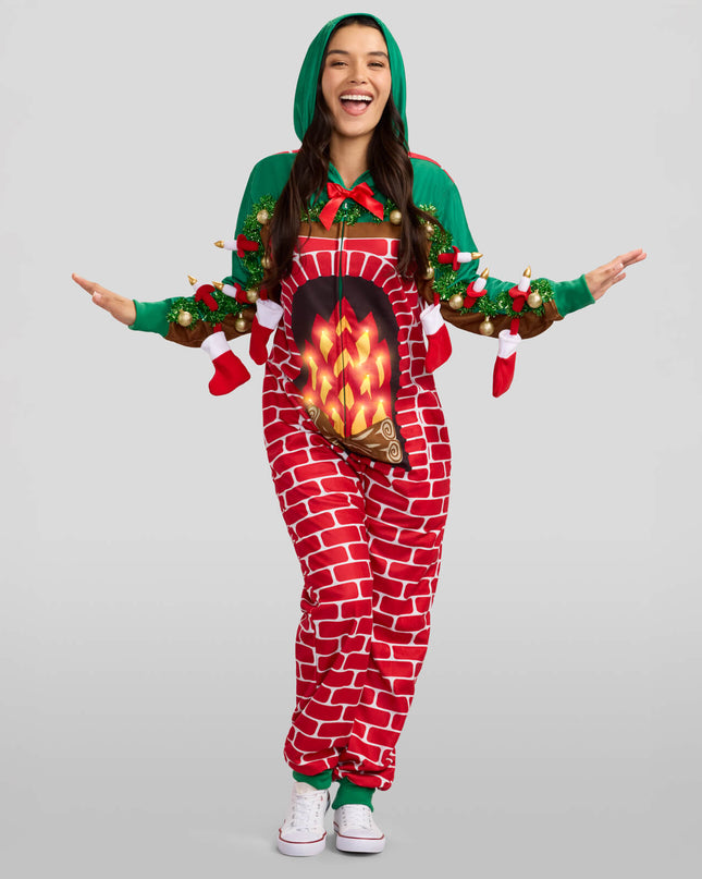 Women's Festive Fireplace Light Up Jumpsuit