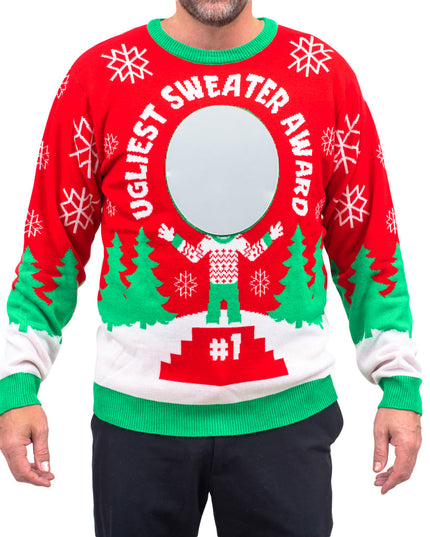 Interaktiver 3D-Weihnachtspullover mit der Aufschrift „Hässlichster Pullover“.