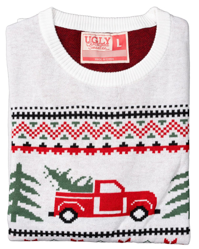 Unisex-Weihnachtspullover mit Arnold-Truck- und Baummotiv