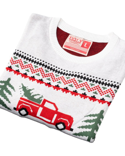 Unisex-Weihnachtspullover mit Arnold-Truck- und Baummotiv