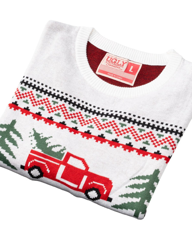 Unisex-Weihnachtspullover mit Arnold-Truck- und Baummotiv
