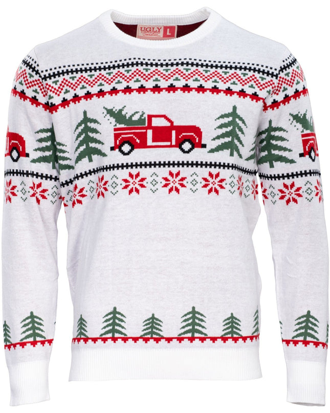 Unisex-Weihnachtspullover mit Arnold-Truck- und Baummotiv