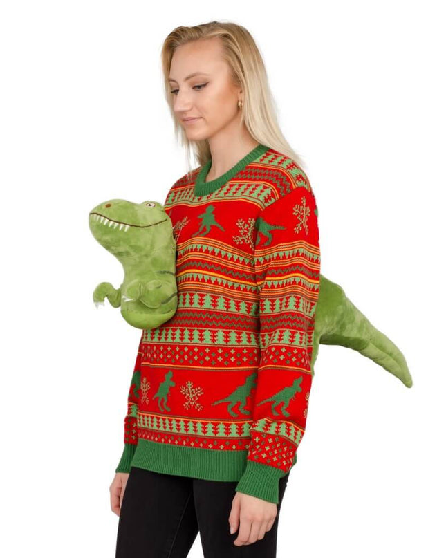 3D-T-Rex-Plüsch-Weihnachtspullover für Damen
