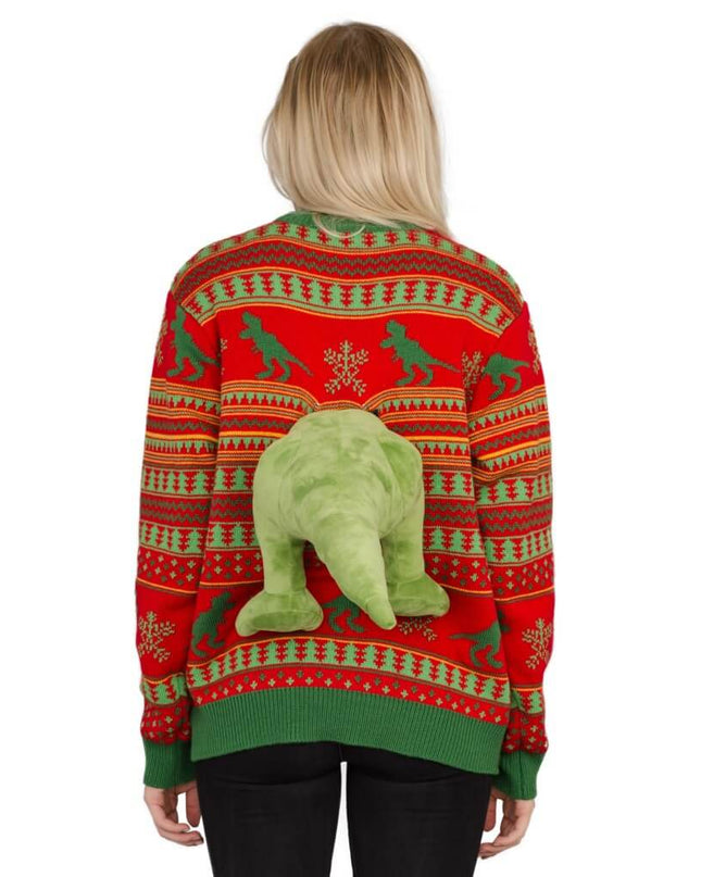 3D-T-Rex-Plüsch-Weihnachtspullover für Damen