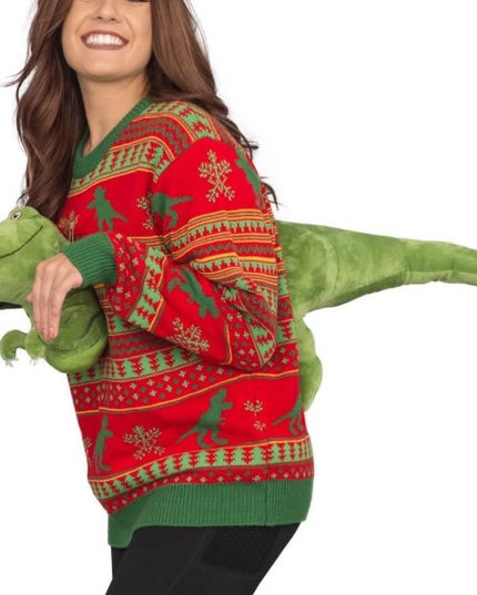3D-T-Rex-Plüsch-Weihnachtspullover für Damen