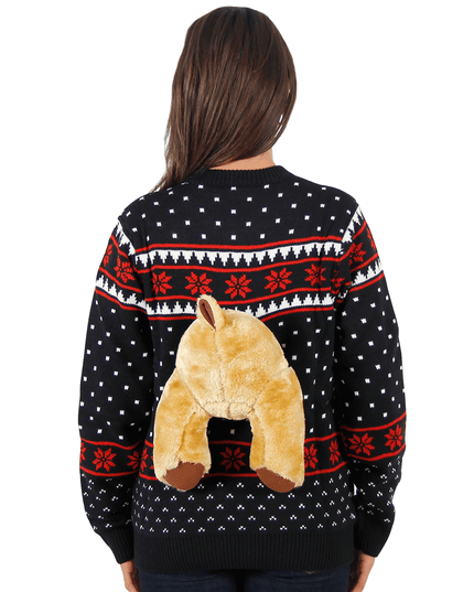 Schwarzer 3D-Elch-Weihnachtspullover für Damen