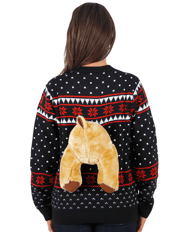 Schwarzer 3D-Elch-Weihnachtspullover für Damen