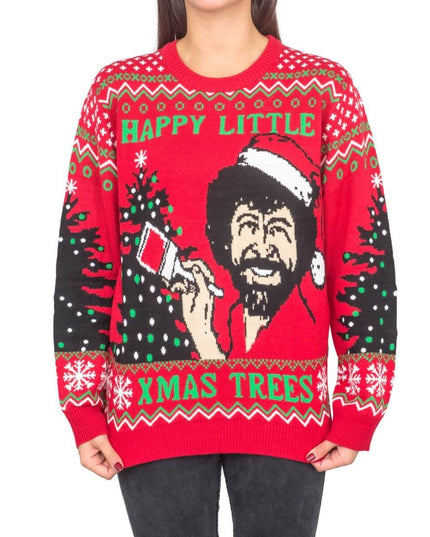 Bob Ross Weihnachtspullover für Damen mit dem Aufdruck „Happy Little Trees“
