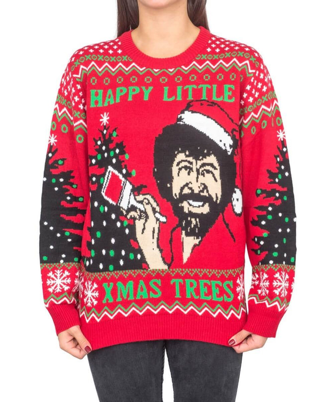 Bob Ross Weihnachtspullover für Damen mit dem Aufdruck „Happy Little Trees“