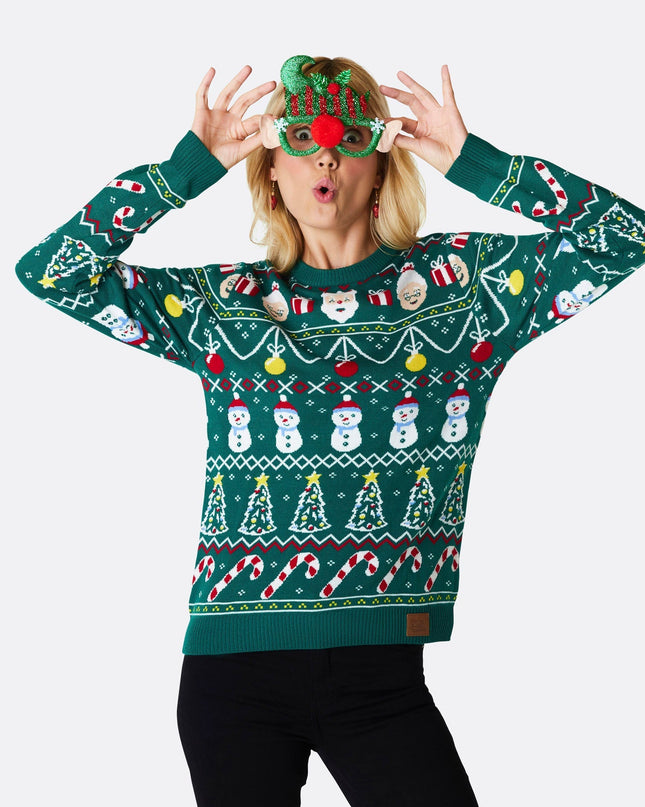 Gestreifter grüner Weihnachtspullover für Damen