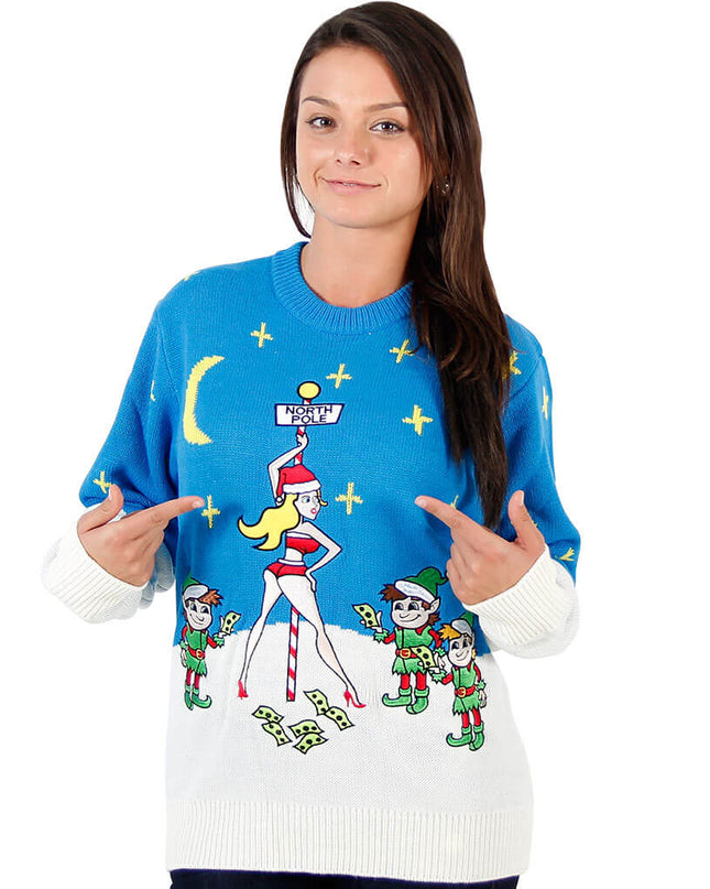 Damen-Weihnachtspullover mit Stripperstangenmotiv