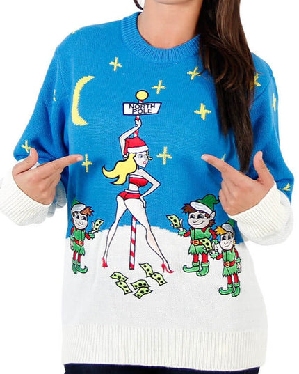 Damen-Weihnachtspullover mit Stripperstangenmotiv