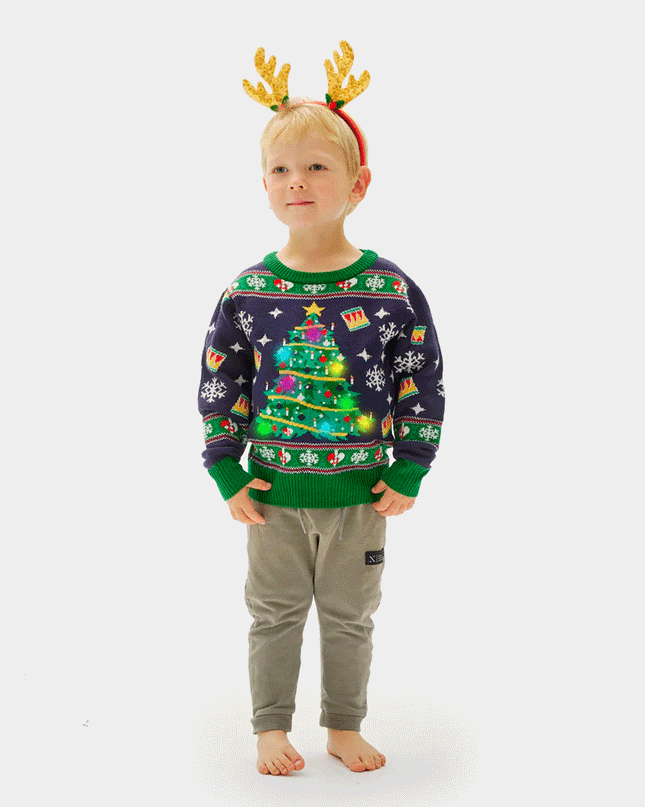 Kids Christmas Sweater Blue with Light-Up Christmas Tree