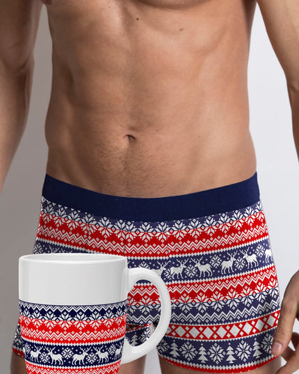 Blaue und rote Weihnachtsboxershorts für Herren mit Rentiermotiv + Weihnachtsbecher