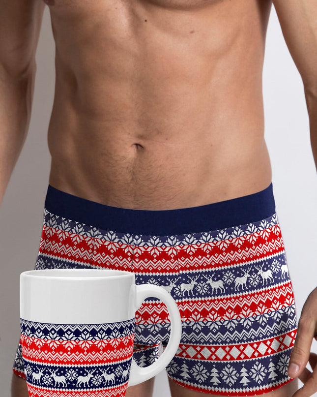 Blue and Red Christmas Boxers for Men with Reindeer and Mug