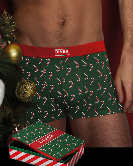 Grüne Herren-Weihnachtsboxershorts mit Weihnachtsstöcken + Geschenkbox