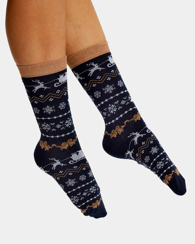 Unisex Christmas Socks - Blue with Reindeer and Snow