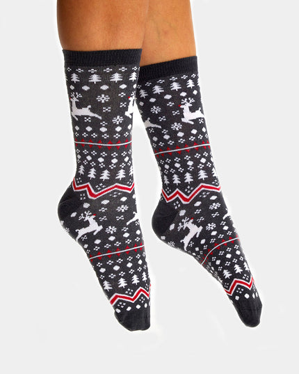 Unisex Gray Socks with Reindeer and Trees