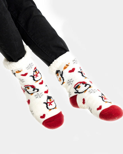 White Christmas Slipper Socks - Penguins and Hearts
