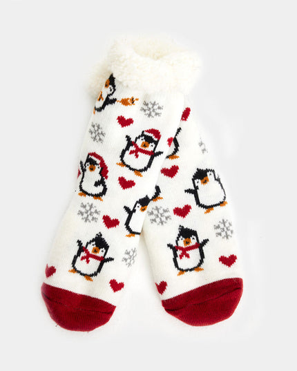 White Christmas Slipper Socks - Penguins and Hearts