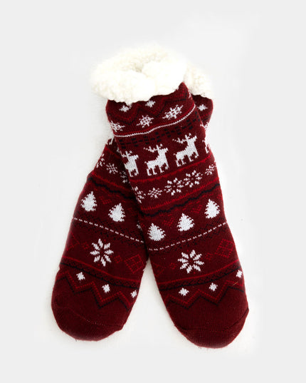 Maroon Christmas Slipper Socks with Reindeer