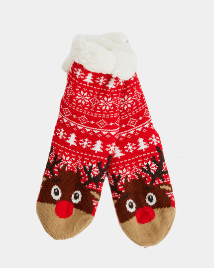 Red Christmas Slipper Socks with Trees and Reindeer
