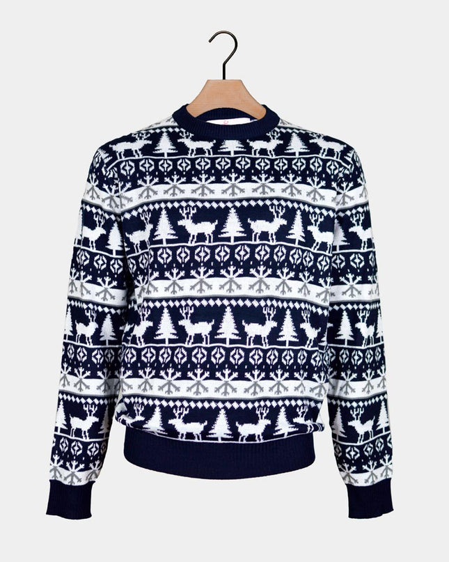 Couples Christmas Sweater with Stripes, Reindeer, and Trees