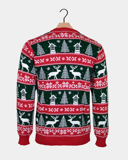 Roter und grüner Pullover mit der Aufschrift „Frohe Weihnachten“