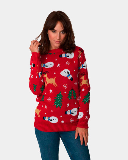 Red Couples Christmas Sweater with Snowman - Holiday Togetherness