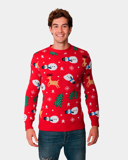 Red Couples Christmas Sweater with Snowman - Holiday Togetherness