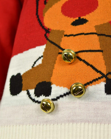 Roter 3D-Weihnachtspullover mit Glöckchenmotiv für Damen