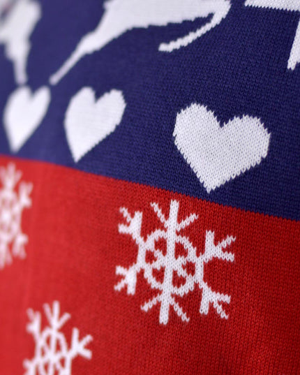 Damen-Weihnachtspullover mit Rentier- und Herzmotiv in Blau und Rot