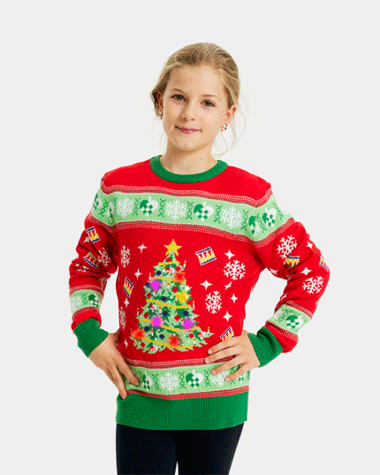 Red LED Lighted Christmas Sweater for Kids with Christmas Tree