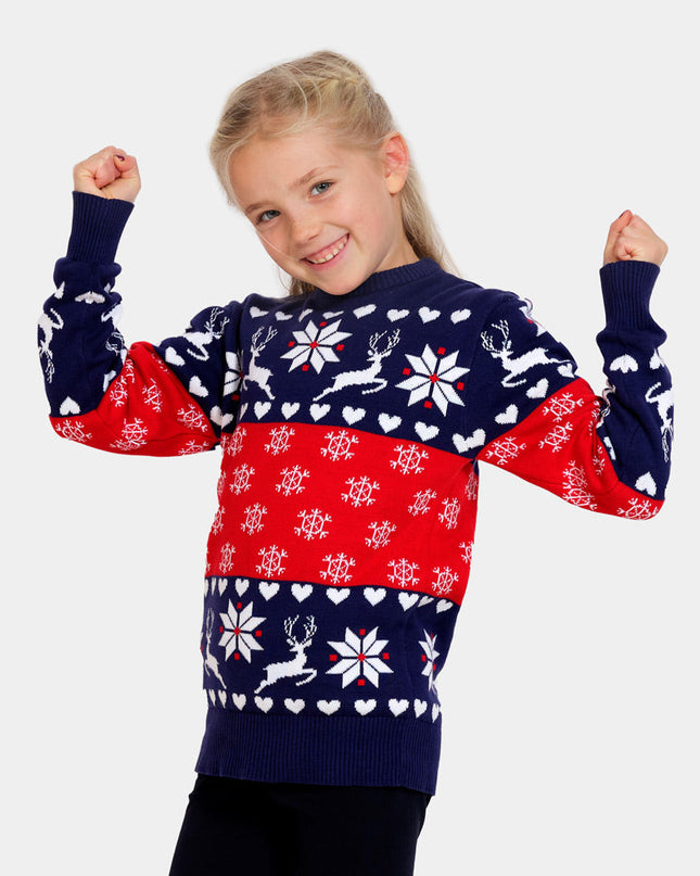 Women's Christmas Sweater with Blue and Red Reindeer and Hearts