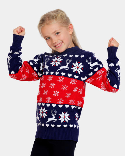 Damen-Weihnachtspullover mit Rentier- und Herzmotiv in Blau und Rot