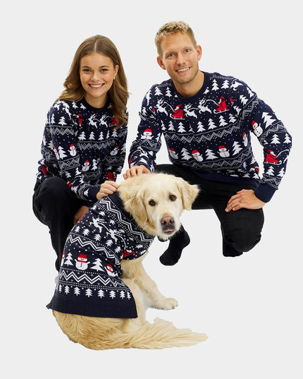 Blauer Damen-Weihnachtspullover mit Tannenbäumen, Schneemännern und Weihnachtsmann