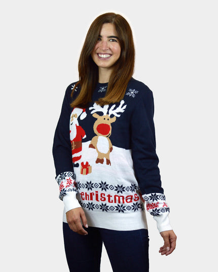 Organic Cotton Blue Couple Christmas Sweater with Santa and Rudolph