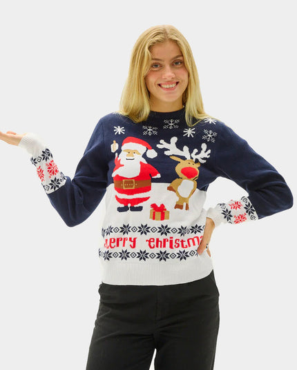 Blauer Weihnachtspullover für Paare mit Weihnachtsmann und Rentier