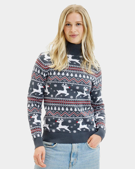 Grauer Rollkragen-Weihnachtspullover für Paare mit Rentiermotiv