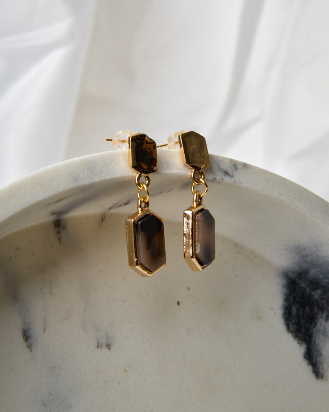 Brown Hexagon Marble Earrings