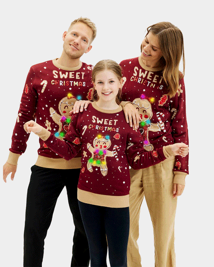LED Christmas Sweater for Family with Red Ginger Cookie