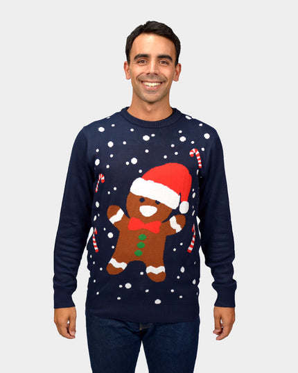 Blue Christmas Sweater for Men with Gingerbread Design