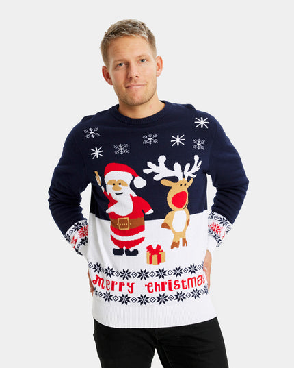 Blauer Weihnachtspullover für Paare mit Weihnachtsmann und Rentier