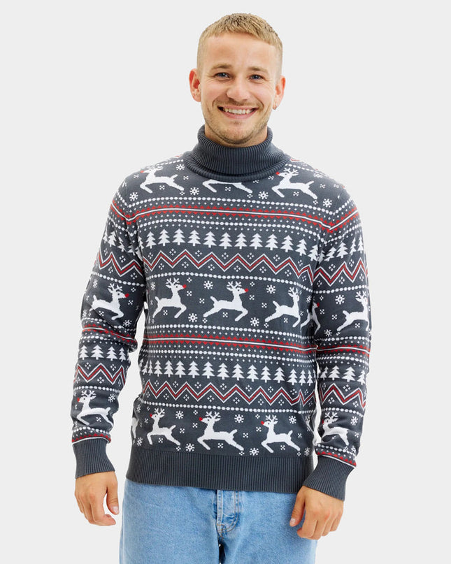 Gray Rolled Neck Christmas Sweater for Couples with Reindeer