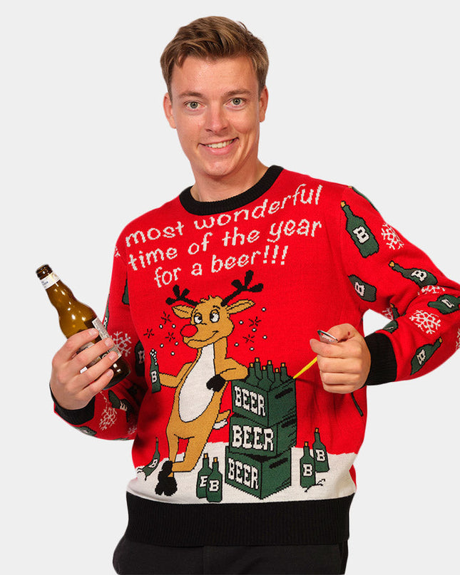 Reindeer Christmas Sweater for Couples with Bottle Opener