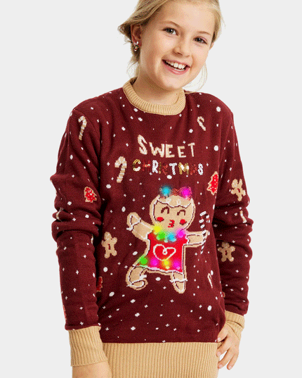 LED Light-Up Red Ginger Cookie Christmas Sweater for Kids