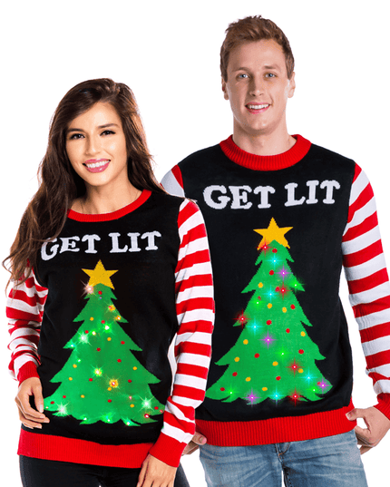 Matching Get Lit Light Up Couples Ugly Christmas Sweater